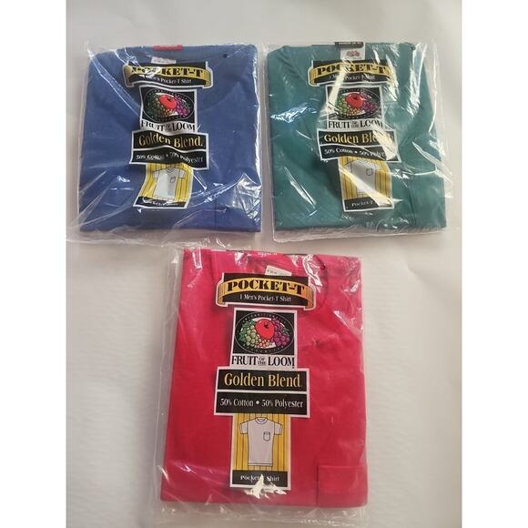 3 Vintage Fruit Of The Loom Pocket T Shirt 1996 Golden Blend Size M 50/50 USA - Picture 1 of 11